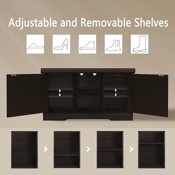 DINZI LVJ Shoe Bench, Entryway Storage Bench with Doors, Cushion, 2-Tier Shoe Rack with 6-Cubby, 31.5”L x 13.8”W Shoe Organizer Cabinet, Adjustable Shelf, Living Room, Bedroom, Espresso