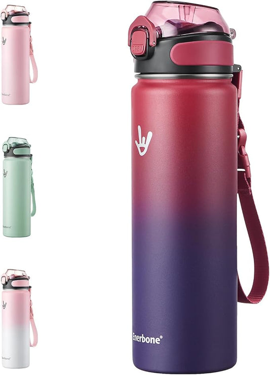 Enerbone 24 oz Insulated Water Bottle, Stainless Steel Bottle with Carrying Strap, Double-Wall Vacuum Insulation Design, Leakproof Sports Bottle with Straw, Keep Drinks Cold or Hot for Hours