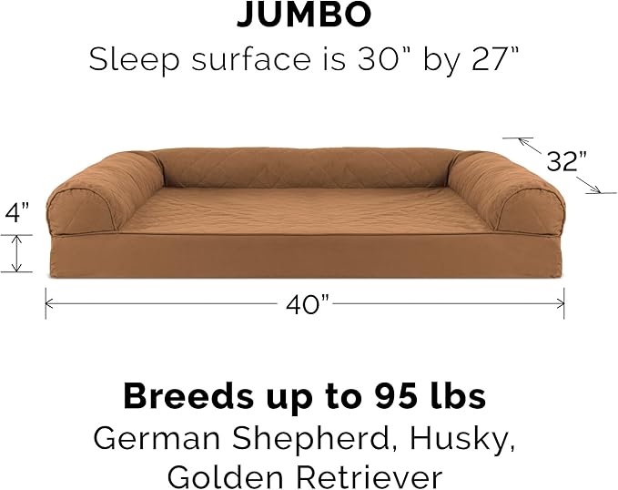 Furhaven Cooling Gel Dog Bed for Large Dogs w/ Removable Bolsters & Washable Cover, For Dogs Up to 95 lbs - Quilted Sofa - Toasted Brown, Jumbo/XL