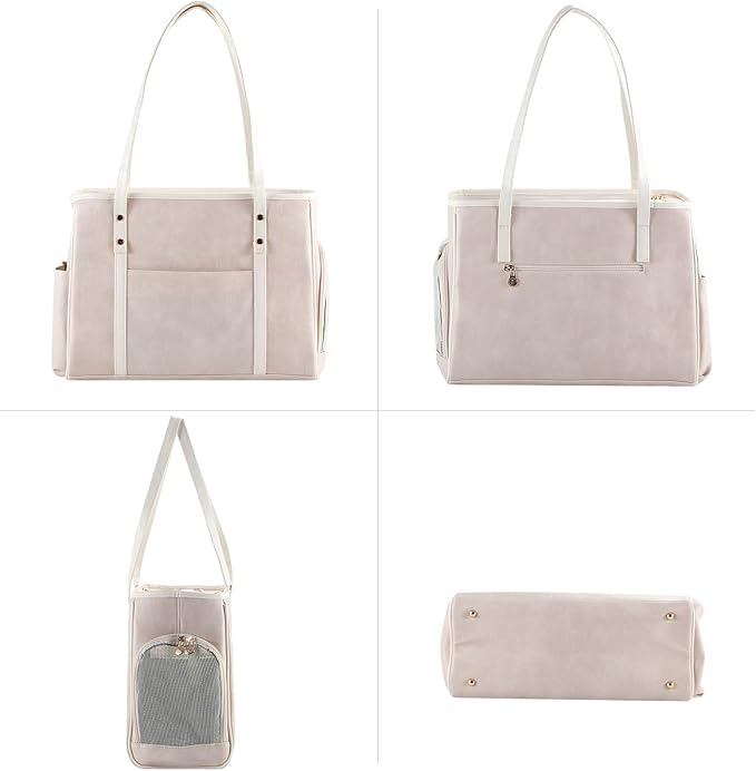 Fashion Dog Carrier Purse, Premium Leather Cat Carrier Bag, Airline Approved Soft Sided Pet Travel Tote Bag with Pockets Beige