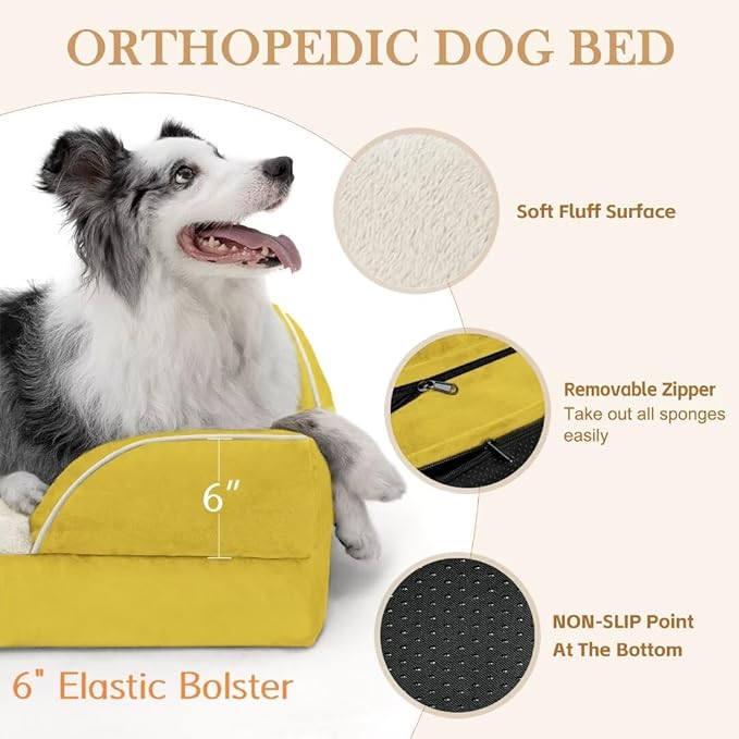 Comfort Expression XXL Dog Bed Orthopedic Foam, Waterproof Dog Beds for Oversized Dogs, Washable Dogs Sofa Bed with Removable Cover & Non-Slip Bottom(XX-Large,Spicy Mustard)
