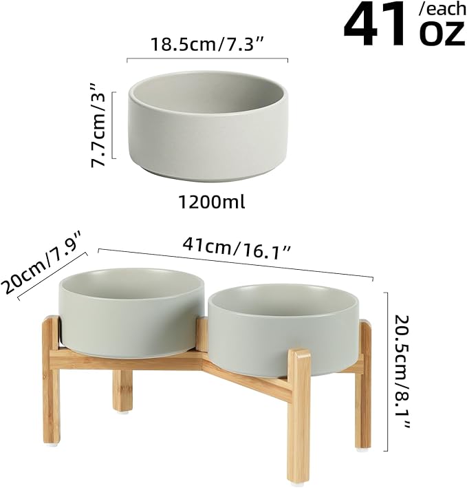 Ceramic Raised Double Bowls Set with Stand, Food & Water Bowls for Medium Breed Dogs, Weighted Dog Dishes, Pet Bowl(7.3'',41OZ, Grey)