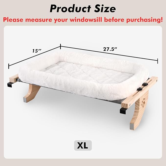 AMOSIJOY Cat Sill Window Perch Sturdy Hammock Window Seat with Cushion Cover, Wood & Metal Frame for Large Cats, Easy to Adjust Cat Bed for Windowsill, Bedside, Drawer and Cabinet (XL)