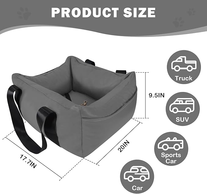 Dog Car Seat for Small Dogs, Large Leather Dog Car Bed with Storage Pocket, Waterproof PVC Leather Booster Seat Travel Bed for Front & Back Seat, Clip-On Safety Leash (Black/Grey)