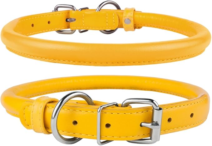 CollarDirect Rolled Leather Dog Collar, Soft Padded Round Puppy Collar, Handmade Genuine Leather Collar Dog Small Large Cat Collars 13 Colors (13-16 Inch, Pink Textured)