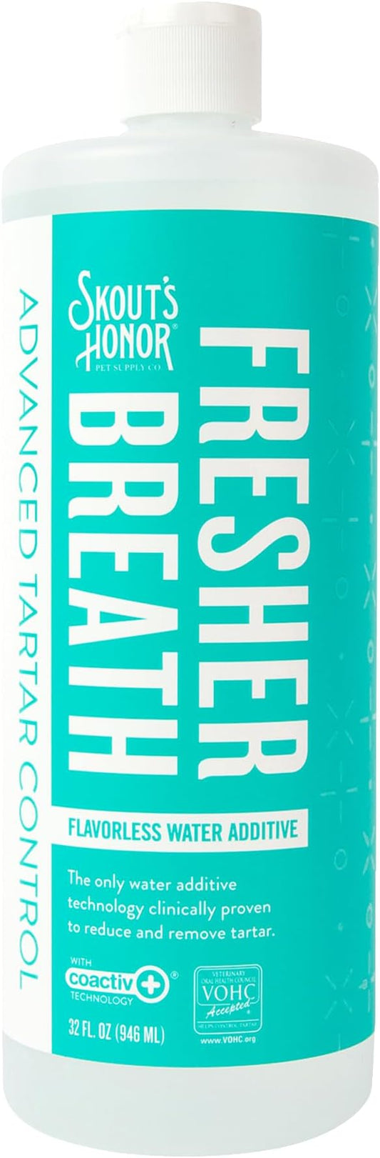 SKOUT'S HONOR Fresher Breath Flavorless Water Additive - VOHC Accepted for Tartar Control, Freshens Breath Fast, No Brushing Required, 32 oz