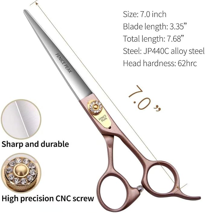 Fenice Peak 7'' Dog Straight Scissors for Grooming 440C Stainless Steel Rose Gold Professional Pet Trimming Scissors Sharp Blades Cutting for Dogs and Cats Shears