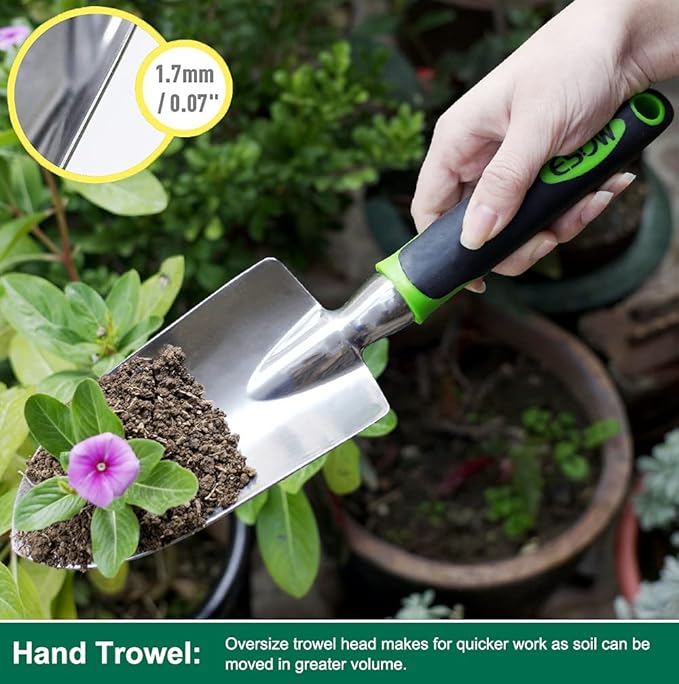 ESOW Garden Tool Set, 3 Piece Cast-Aluminum Heavy Duty Gardening Kit Includes Hand Trowel, Transplant Trowel and Cultivator Hand Rake with Soft Rubberized Non-Slip Ergonomic Handle, Garden Gifts