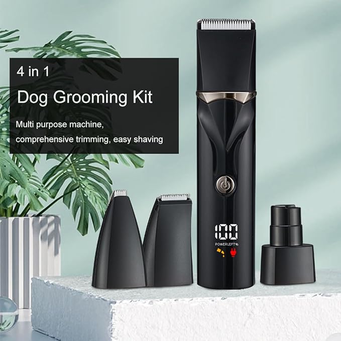 Dog Grooming Kit with LCD Display, 4 in 1 Dog Hair Trimmer for Paw Nail Grinder, Rechargeable Cordless Pet Cat Clippers, Professional Pet Paw Trimmer Nail Grinder Low Noise. Black