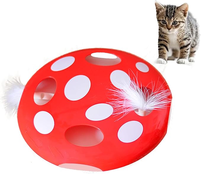 Interactive Cat Toy Automatic Mushroom - Whack-a-Mole Game with Rotating Feathers for Indoor Cats, Hide & Seek Rechargeable Toys Boredom Relief Adult Kittens, Safe Chew Proof Design (Red)