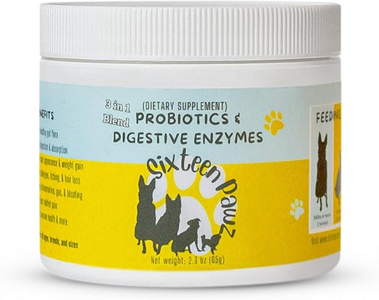 Dog & Cat Probiotics, Prebiotics, & Digestive Enzymes – Flavorless Powder for Gut Health, Allergies, Itchy Skin, Gas & Diarrhea – Organic, Vet-Approved – 65g Bottle (Up to 65 Servings)