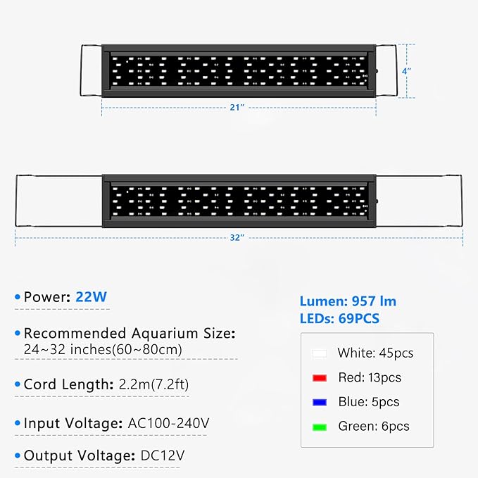AQQA Aquarium Light,Full Spectrum Fish Tank Light for Plants,3 Mode+Timer+Adjustable Brightness,High Brightness LED Beads with Extendable Brackets for Freshwater (22W for 24-32inch)