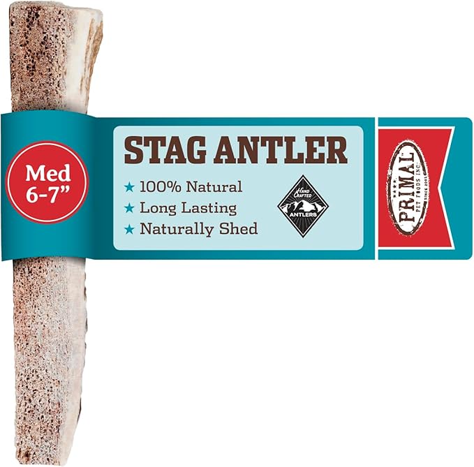 Primal Antlers for Dogs, Grade A Split Stag Antlers for Medium Canines 15-30 lb, Natural Chews for Aggressive Chewers, Naturally Shed, Long Lasting Dog Bones, 1 ct