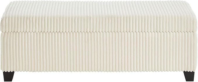 48" Ottoman with Storage, Corduroy Storage Ottoman Bench for Bedroom, End of Bed Bench with Safety Hinge for Living Room, Bedroom, Entryway, White