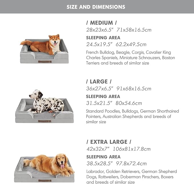 Friends Forever Orthopedic Dog Bed for Extra Large Dogs, Waterproof Memory Foam Dog Sofa Bed XL with Removable Washable Cover, Ally Grey, 42x32x7