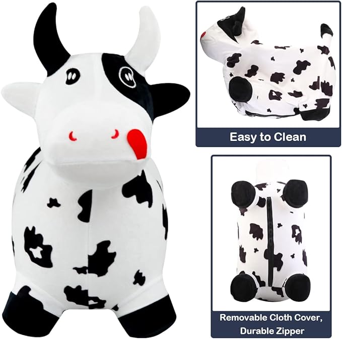 EVERICH TOY Bouncy Horse Cow Toys, Inflatable Bouncing Animal Hopping Toys, Outdoor Indoor Ride on Bouncer, Boys Girls Birthday Gift for 18 Month 2 3 4 5 6 Year Old Kid- Plush Cow Toy