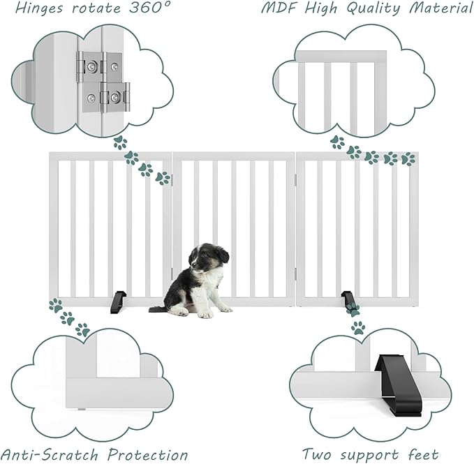 Dog Gates for The House Freestanding Foldable Pet Gates for Doorways 3 Panels 24'' Tall with 2PCS Support Feet Wooden White Dog Gate for Stairs