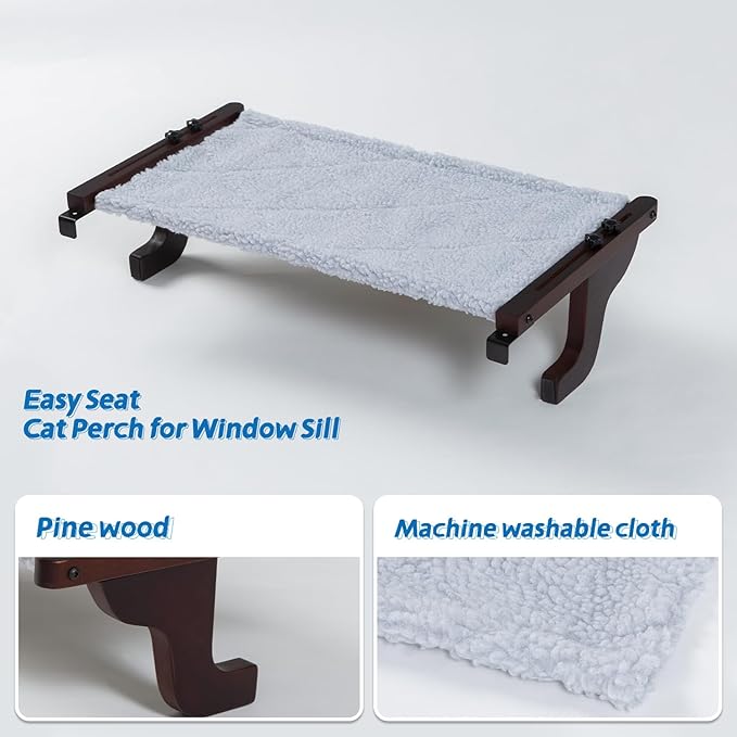 Easy Seat Cat Perch for Window Sill - Hammock Design w/Premium Wood & Robust Metal Frame - Cat Window Seat for Large Cats and Kittens (Dark Stained Wood w/Gray Bed, Medium (23''W x 14''D))