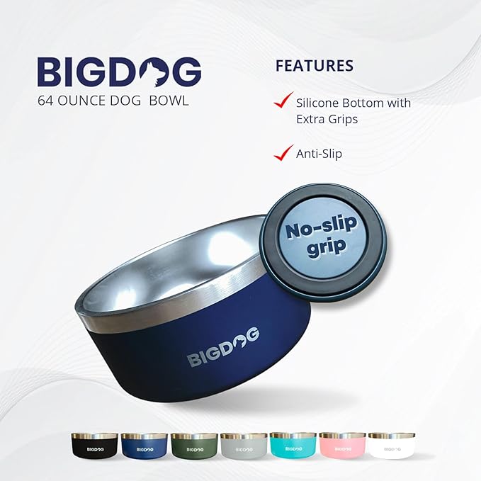 BigDog Dog Bowls, Dog Bowls for Large Dogs, Stainless Steel Dog Bowls, No Spill Dog Bowls, Dog Food and Water Bowl (64 Ounce, Grey)