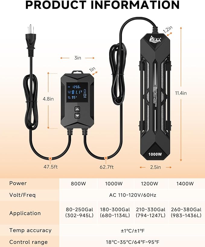 AQQA Aquarium Heater,64-95°F Fast Heating Double Quartz Glass Tube Fish Tank Heater,High-definition LCD Controller Displays Real-time Power,Anti-dry and Over-temperature Protection (1200W 210-330 Gal)