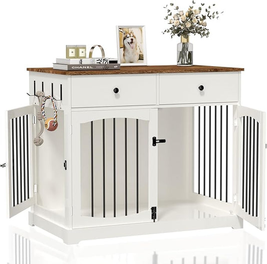 BREEZEHEAT 40 inch Dog Crate Furniture-Farmhouse Dog Kennel with Drawers-End Table Wooden Pet Crate, Double Door Design, Decorative Dog House Indoor for Small Medium Large Dog, White