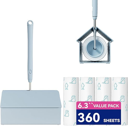 Extra Sticky Large Surface Lint Roller, 6.3'' Giant Lint Roller for Pet Hair, 360 Sheets/ 4 Refills, Long Handle Lint Remover for Clothes, Furniture (1 Roller + 360 Sheets)