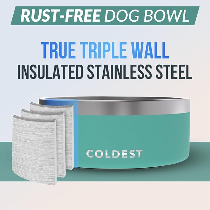 Coldest Dog Bowl - Anti Rust Metal, Non Slip, 3 Layers Insulated Stainless Steel Dog Bowls - Spill Proof & Heavy Duty - Water Bowl for Dogs, Cats & Pets, Dish Washer Safe (100 oz, Terraform Green)
