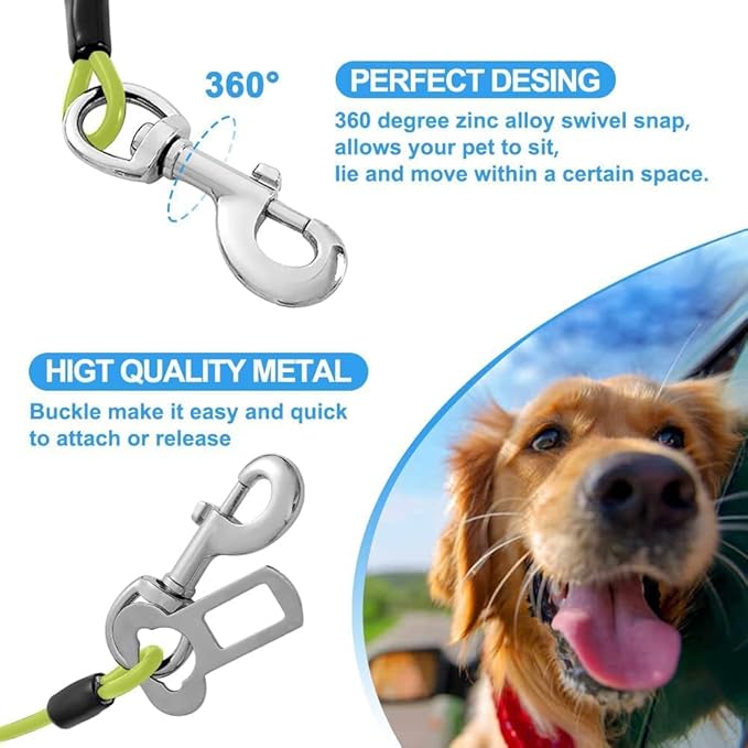 Dog Seat Belt Harness for Car,Dog Seatbelt of Coated Wire Leash Safety Restraint,No Chew Tether Cable Vehicle,Double Clips & Latch(Green, 24 inch/60 CM)