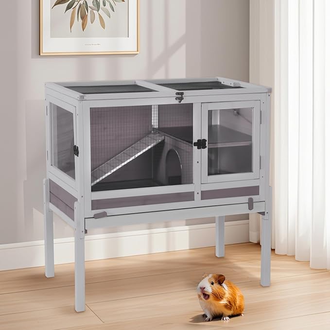 Aivituvin 2-Story Rabbit Hutch with Anti-Chew Ramp & Zinc Sheet - 36.6" Indoor Guinea Pig Cage, Wooden Stand, Pull-Out Tray & Leakproof Floor (Grey)
