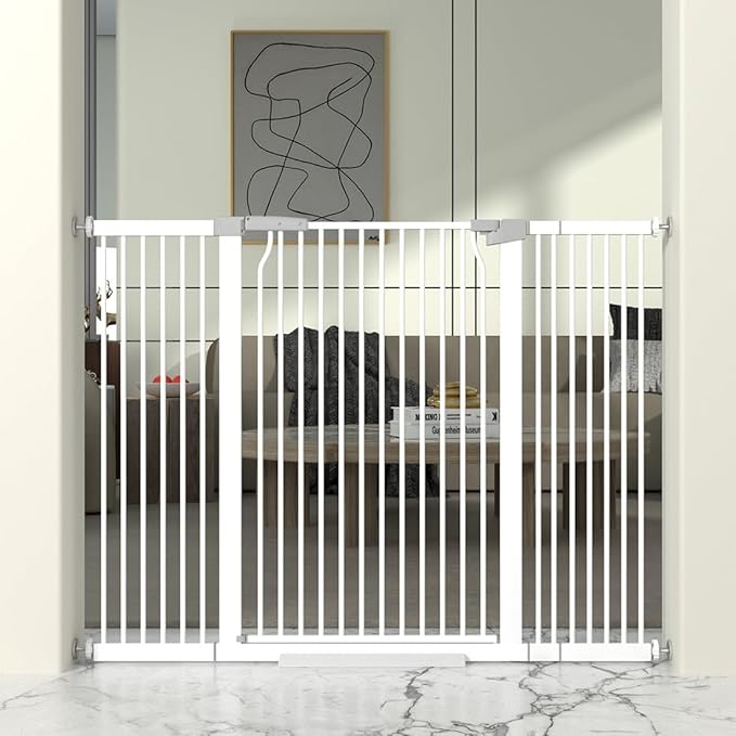 41" Extra Tall Cat Gate for Doorway, 49.2-54.7 Metal Pet Baby Safe Gate, Extra Wide Pressure Mounted Child Door with Expansion Kit, No Drilling No Climb Cat Fence Indoor, Tall Dog Gate, White