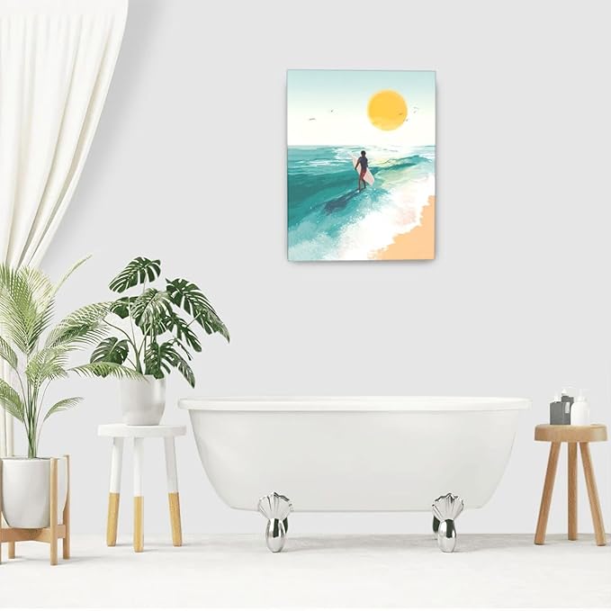 Beach Surfing Wall Art Ocean Coastal Wave Canvas Wall Decor Summer Nature Seascape Pictures Painting Print Framed Artwork Decorations for Bathroom Living Room Office Bedroom 16"x20"