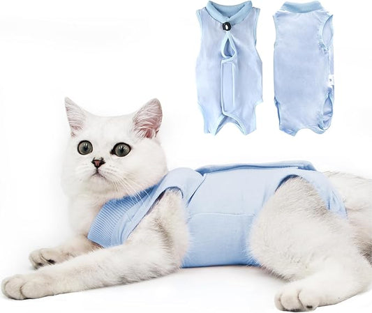 Cat Recovery Suit for Male and Female Surgical Post Surgery Soft Cone Onesie Shirt Clothes Neuter Licking Protective Diapers Outfit Cover Kitten Spay Collar(L, Blue)