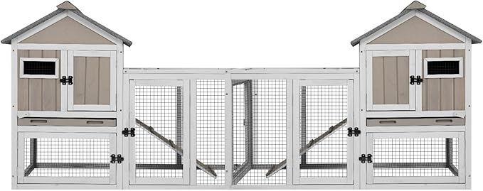 94''L Rabbit Hutch Outdoor Chicken Coop with Run, Wooden Indoor 2 Story Bunny House with Waterproof Roof, Pull Out Tray, Guinea Pig Rabbit Duck Cage for Small to Medium Animals and Pet Lover, Gray