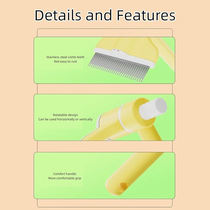 360° Press and Rotate Flea Comb for Cats and Dogs - Self-Cleaning Pet Hair Removal Tool with Release Button & Long-Short Stainless Steel Teeth for Shedding (Green)