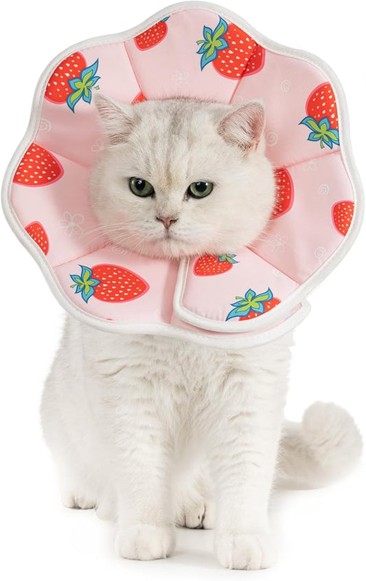 Avont Soft Cat Recovery Cone Collar, Adjustable Lightweight Kitten E-Collar for Small Dogs, Comfortable Neck Donut Stop Licking Scratching After Surgery -Strawberry(L)
