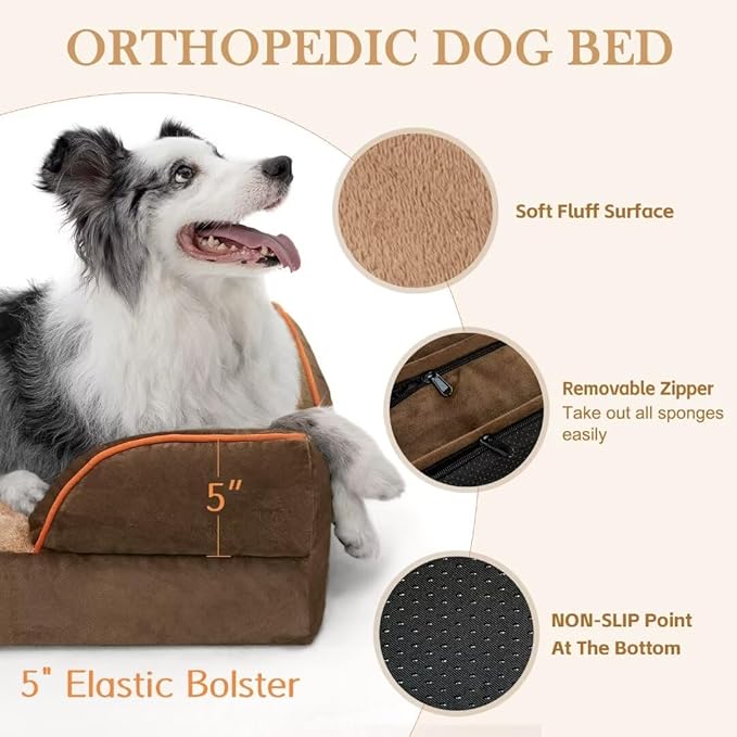 Comfort Expression Memory Foam Dog Beds, Washable Dog Bed Jumbo Breed, Orthopedic Dog Bed Waterproof Pet Sofa Couch with Bolster & Removable Cover(Jumbo,Khaki Brown)
