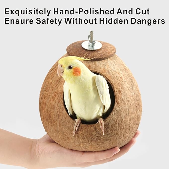 Bird Nest for Cage Natural Coconut Shell Birds House 2 Pack Parakeet Hide Breeding Hut Bird Cage Accessories & Decor Hamster Toys for Parrot Lovebirds Budgies Cockatiel Conure Finch Canary