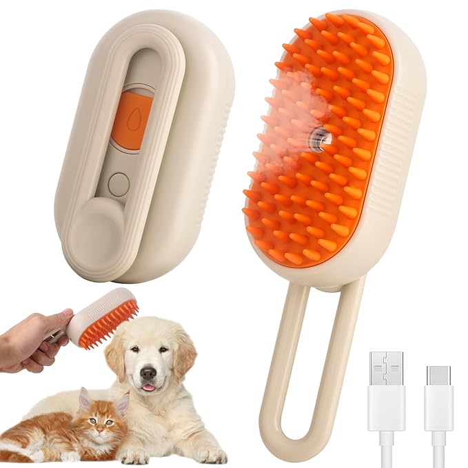 Cat Steam Brush for Shedding & Deshedding - 4-in-1 USB Rechargeable Pet Hair Removal Comb with Water Tank, for Indoor Long/Short Haired Cats & Dogs, Grooming Massage & Cleaning (Khaki)