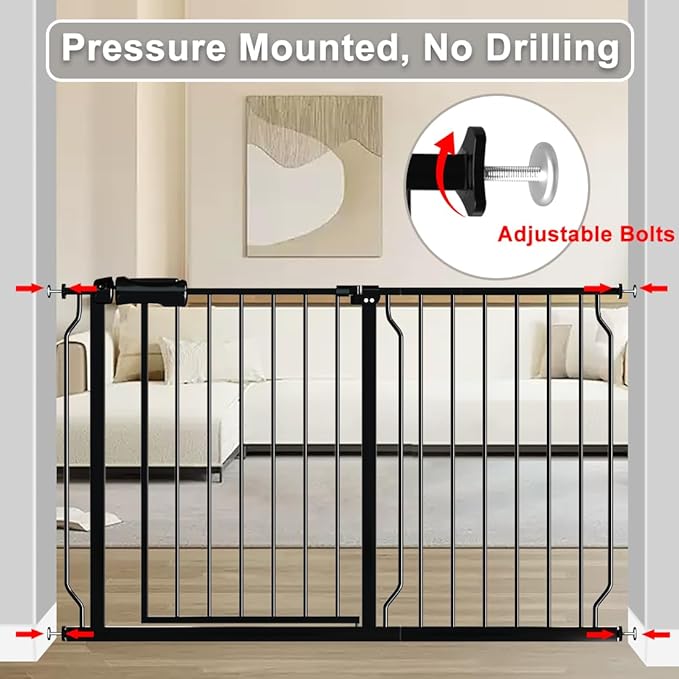 Fairy Baby Walk Through Baby Gate 38.5-43.5 Inch Wide, Pressure Mounted Safety Gate with Door No Drill, Black Tension Metal Gate for Dog and Toddler
