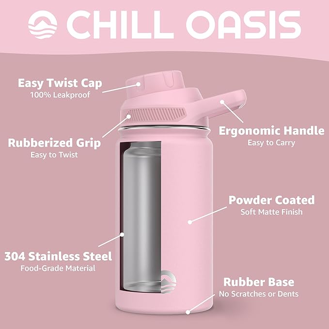 Chill Oasis Water Bottle | Compatible With Popular Flavor Cartridges | BPA Free, Leak Proof, Double-Walled Vacuum Insulated Stainless Steel, and Dishwasher Safe | Cold for 24 Hours (Pink, 12oz)