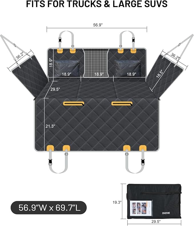 Back Seat Extender for Dog, Waterproof Dog Car Seat Cover for Back Seat, Hard Bottom Car Seat Cover, Large Space Hammock for Full-Size Crewcab Trucks, Pet Seat Cover Holds 450lbs(Black)