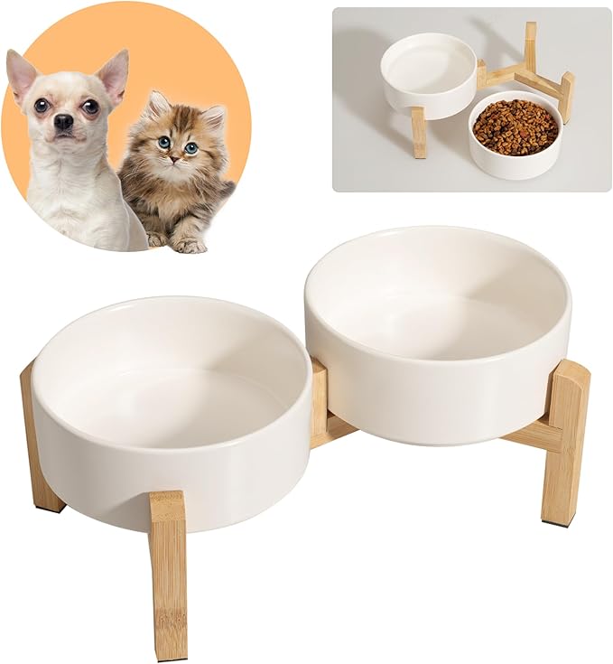 Elevated Ceramic Dog Bowl Set - Raised Feeding Bowls with Non-Slip Bamboo Stand - Small Pet Dishes for Food and Water - Ideal for Cats and Puppies - 16.23 OZ - 2 Cups - 480 ML