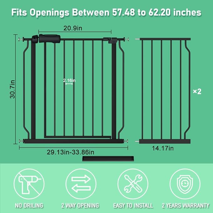 ALLAIBB Extra Wide Pressure Mounted Baby Gate Walk Through Child Kids Safety Toddler Tension White Long Large Pet Dog Gates with Extension for doorways Kitchen (57.48-62.20"/146-158cm, Black)