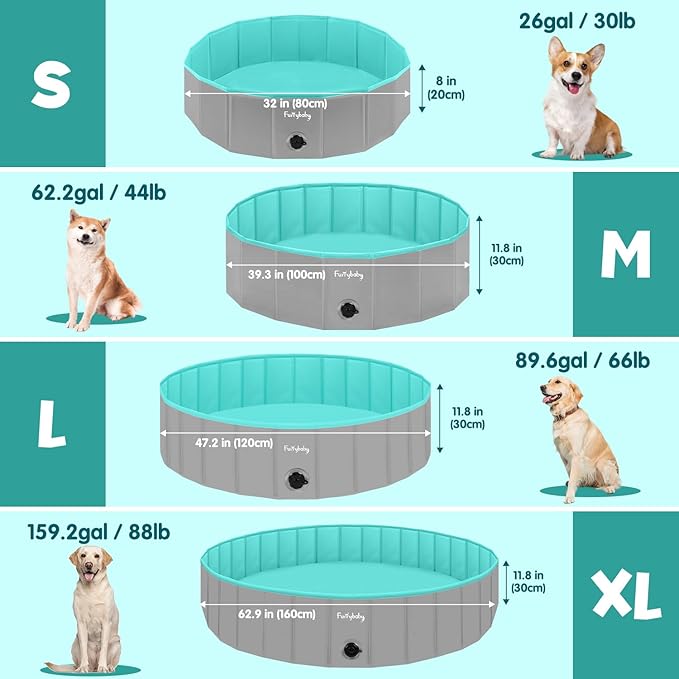 Furrybaby Foldable Dog Pool, Kiddie Pool Hard Plastic, Collapsible Pet Bath Portable Dog Swimming Pool for Pet, Dogs and Cats Grey 32''