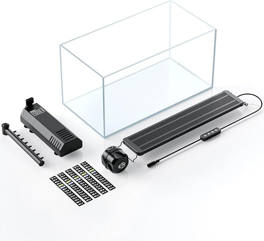 Pawfly 5 Gallon Fish Tank Ultra Clear Rimless Glass Aquarium Kit with Extendable LED Light Internal Filter Magnetic Brush & Thermometer Stickers Rectangular Glass Fish Tank Kit for Betta Shrimp Plants