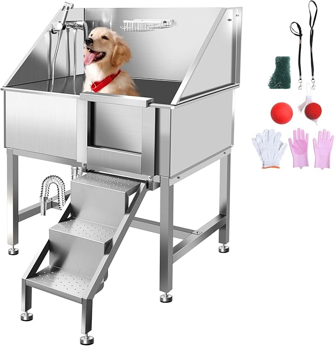 38" Dog Washing Station, Professional Stainless Steel Dog Bathing Station, Equipped with Three Anti-Slip Steps, Removable Door, Upgraded Spray Nozzle&Hose - Ideal for Home, Pet Grooming Salon,R-RAMP