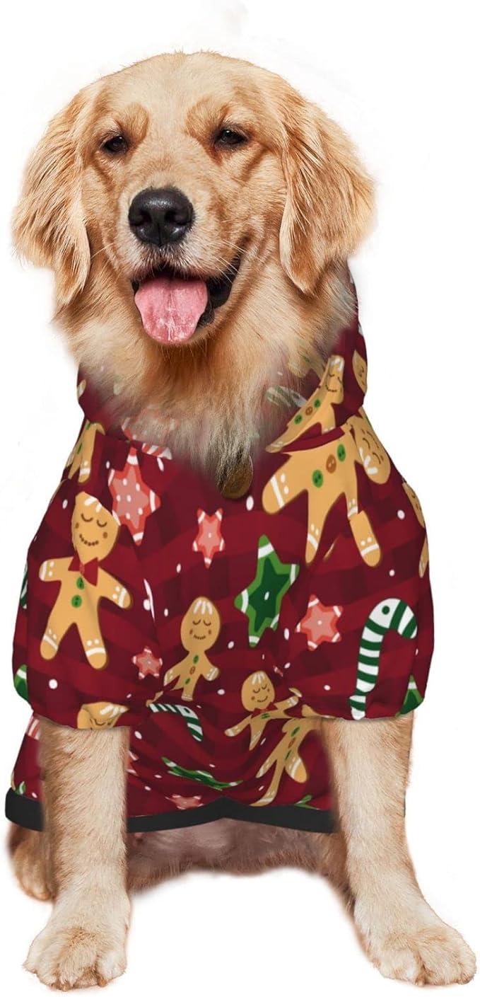 Christmas with Gingerbread Men, Candies Hoodie,Christmas Cosplay Dog Clothes with Pocket and Hat Winter Clothes Sweaters Large