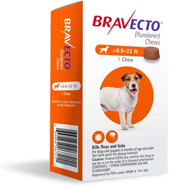 BRAVECTO Chew for Dogs, Flea & Tick, 1 Chew, 12 Week Supply, 9.9-22 lbs., Orange Box