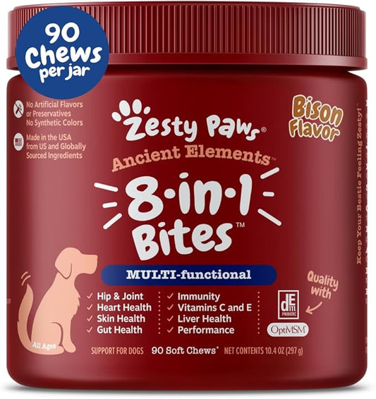 Zesty Paws Dog Multivitamin, Chewable Dog Vitamins and Supplements for Hip & Joints, Skin & Coat, Omega 3 Fish Oil for Dogs- Senior & Puppy Multivitamin - Bison- 90ct