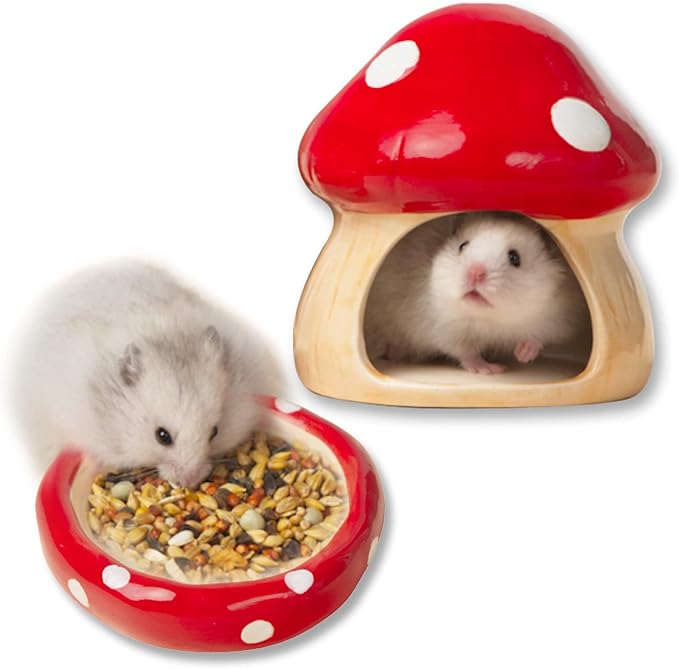 Ceramic Mushroom Guinea Pig House Hamster Hide Bed Includes Hamsters Food Bowl Guinea Pig Hideout for Hamster Chinchilla Hedgehog Rat Small Animals(Red Mushroom Set)